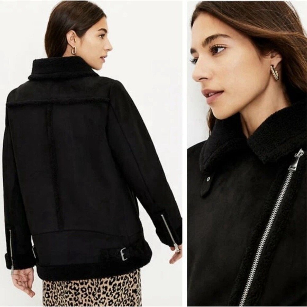 Ann Taylor LOFT Faux Suede Aviator Biker Jacket Black Silver Sz Small S $210 NWT